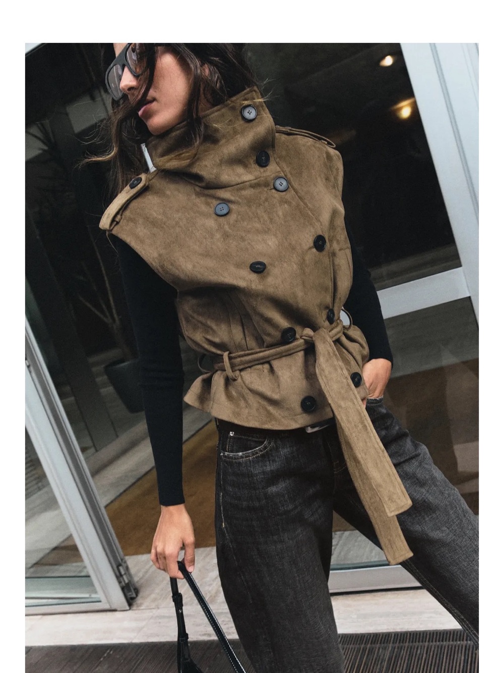 Zara Faux Suede Belted Vest in Brown & Black - Picture 2 of 4